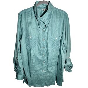 John Mark Turquoise Linen Blend Lace Detail Button Front Shirt Women 1X